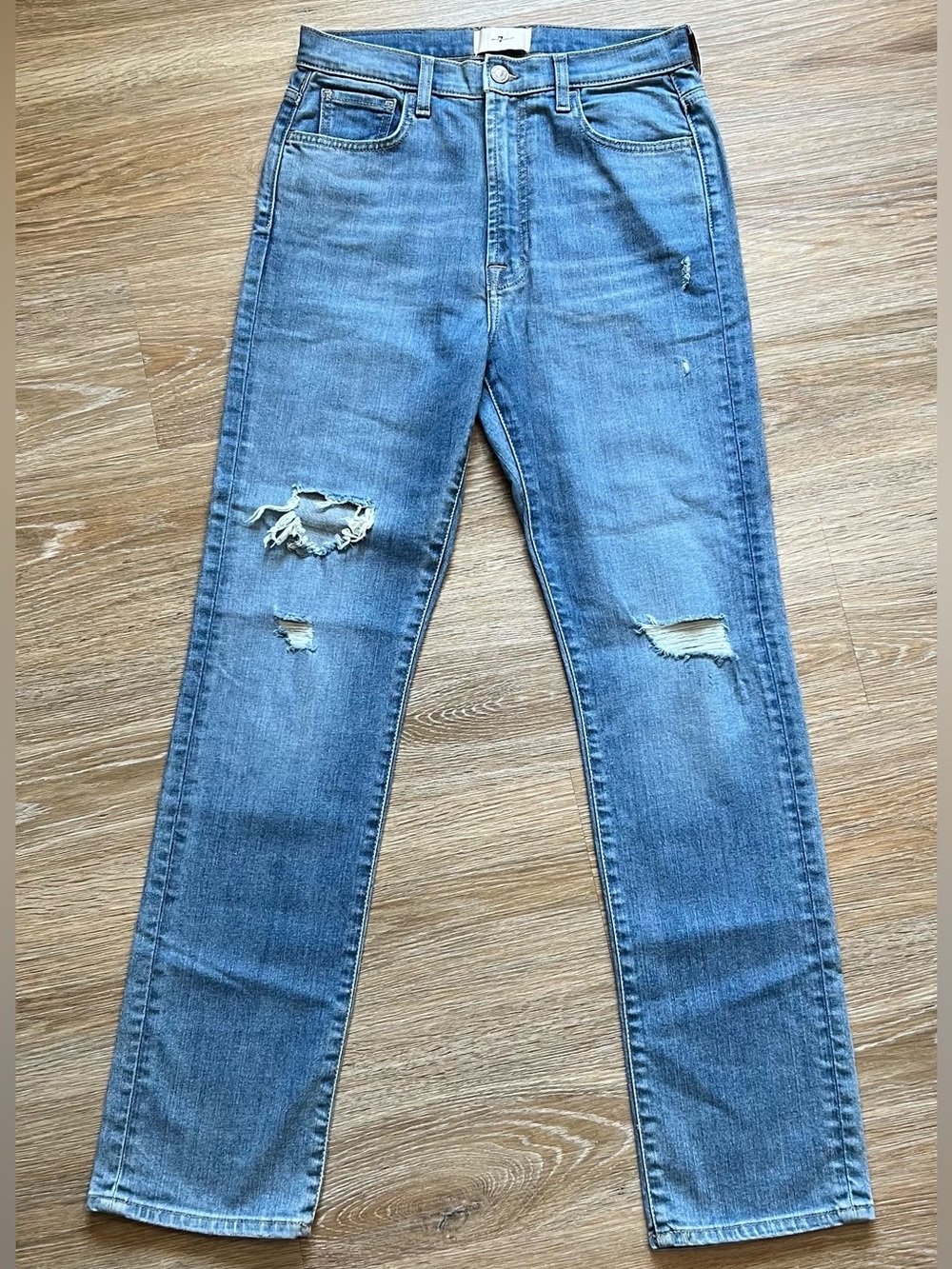 7 For All Mankind Womens High Rise Straight Leg Distressed Medium Wash Jeans 28